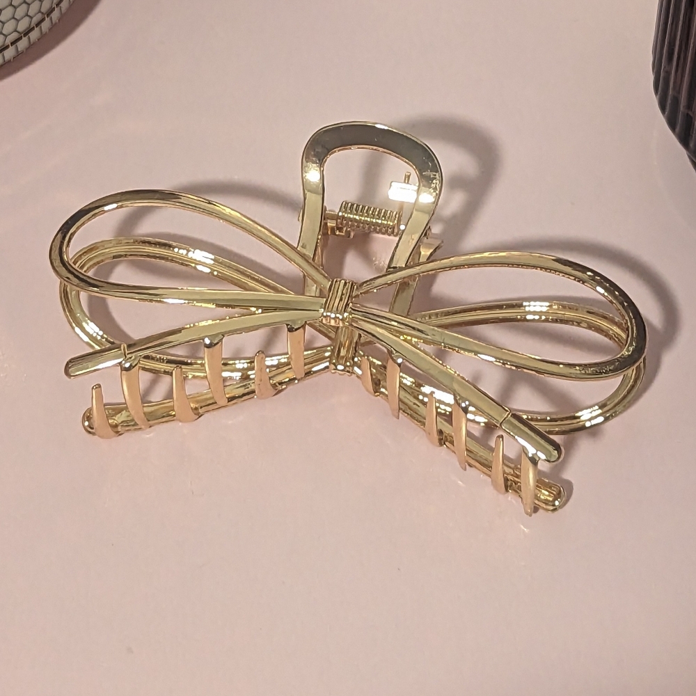 Gold Bow ShapiMetal Hair Claw Clip New!